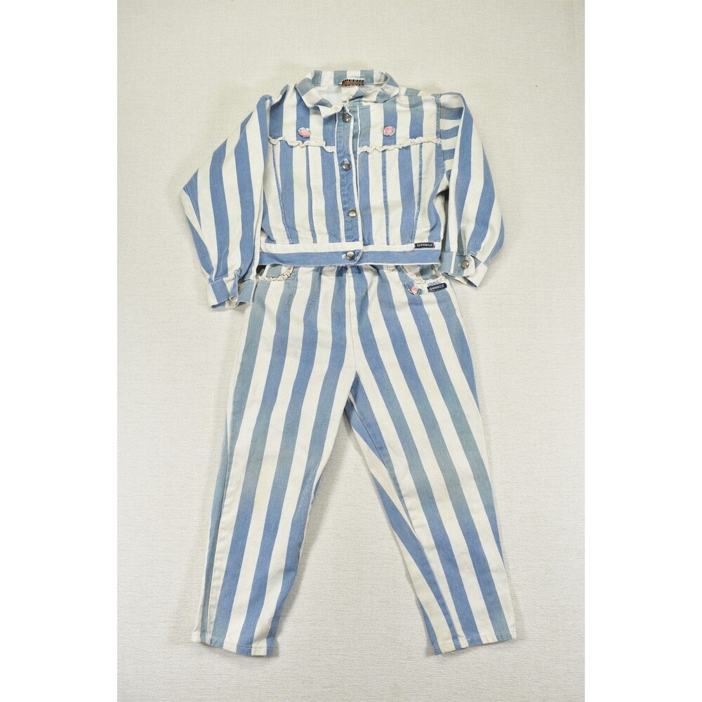 Girls Vintage Sparkle 2 Piece Denim Set Striped Jacket Pants Blue White Retro 6X